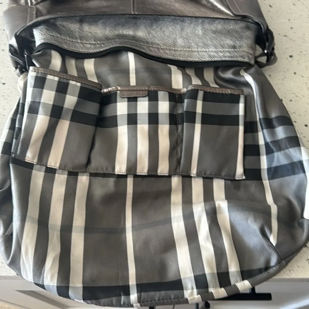 Burberry Warrior Metallic Pewter Leather Satchel Shoulder Handbag Hobo Ruched